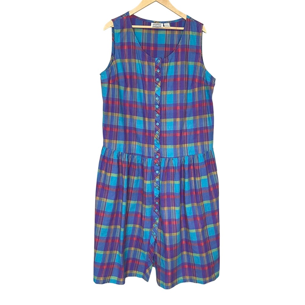 Vintage Plaid Dress Colorful Sleeveless Jumper Button-Up Women Plus Size Midi